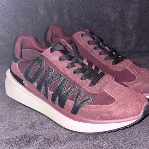 DKNY Burgundy Suede and Mesh Platform Sneakers with Black Logo